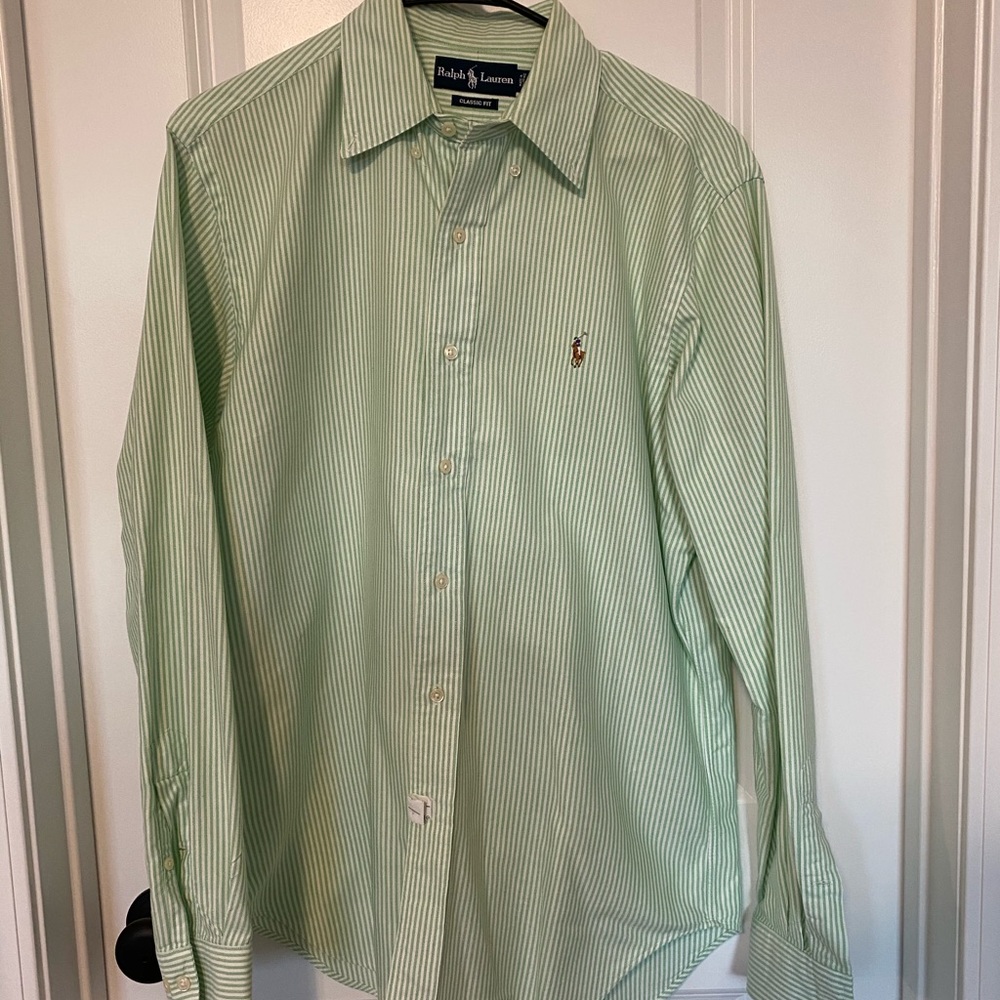 RL Classic Fit Button Down Green+White stripes EUC